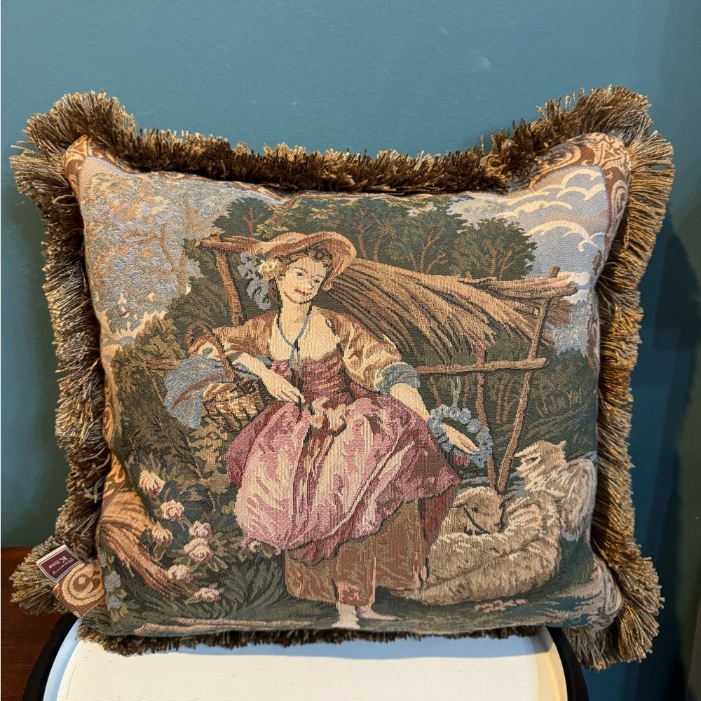 Sherry Kline French Country Tapestry Pillow with Fringe Trim -  Woman with Sheep